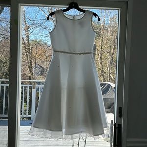 girls occasion dress with pearl waist and accent pearls on skirt. tulle overlay